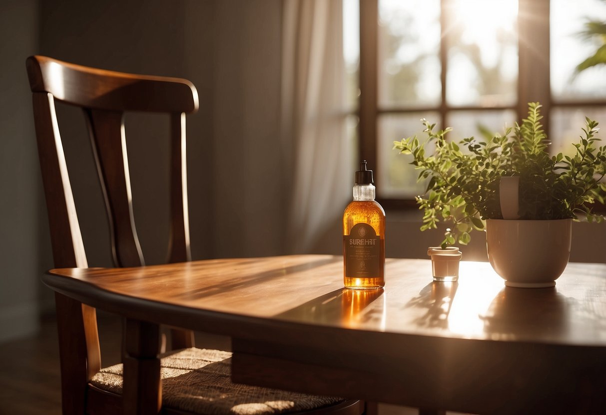 A table with a bottle of furniture polish, a cloth, and a wooden chair. Sunlight streams through a window, highlighting the sheen of the polished furniture
