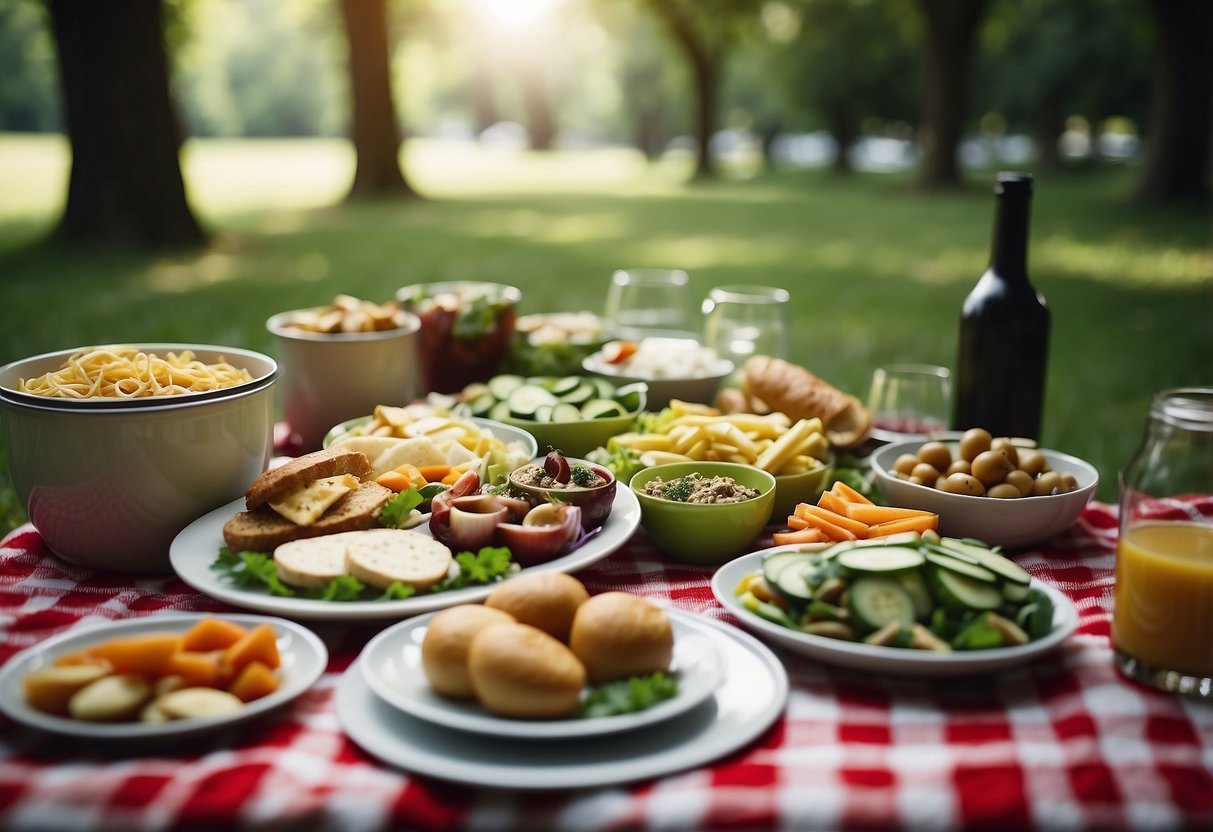 A colorful picnic spread with various vegetarian dishes on a checkered blanket in a lush green park setting