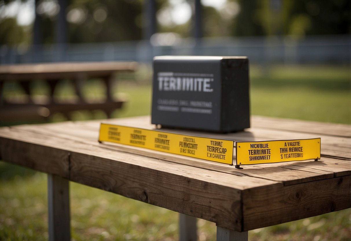 A wooden table surrounded by a protective barrier, with a clear warning sign about termite infestations. The table is elevated on metal legs to prevent direct contact with the ground