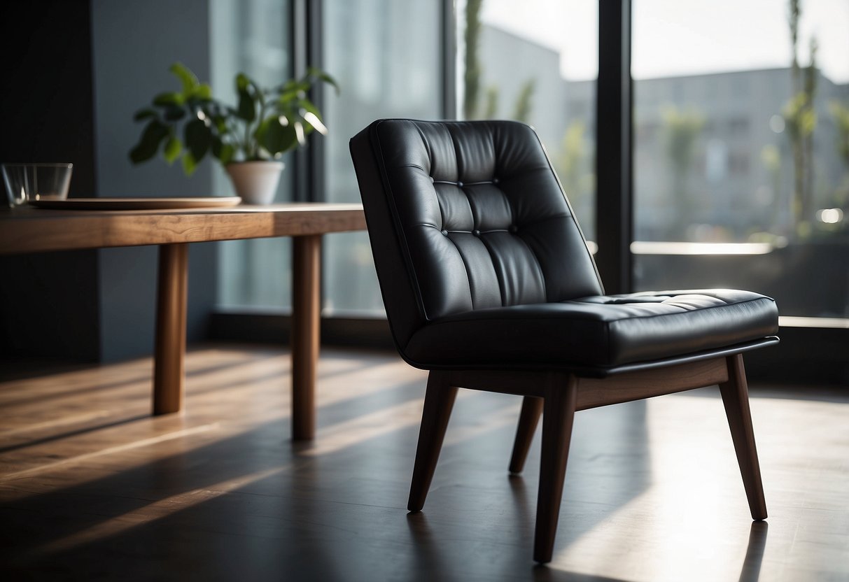 A sleek, modern chair sits beside a minimalist table, both made of dark, polished wood. The room is bathed in soft, natural light, casting gentle shadows on the elegant furniture