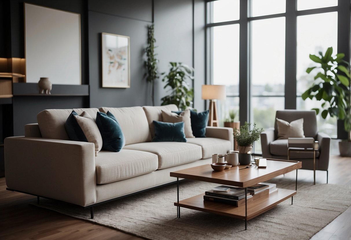 A modern living room with sleek, minimalist furniture and clean lines. A large, comfortable sofa sits in the center, surrounded by a coffee table, armchairs, and a stylish bookshelf