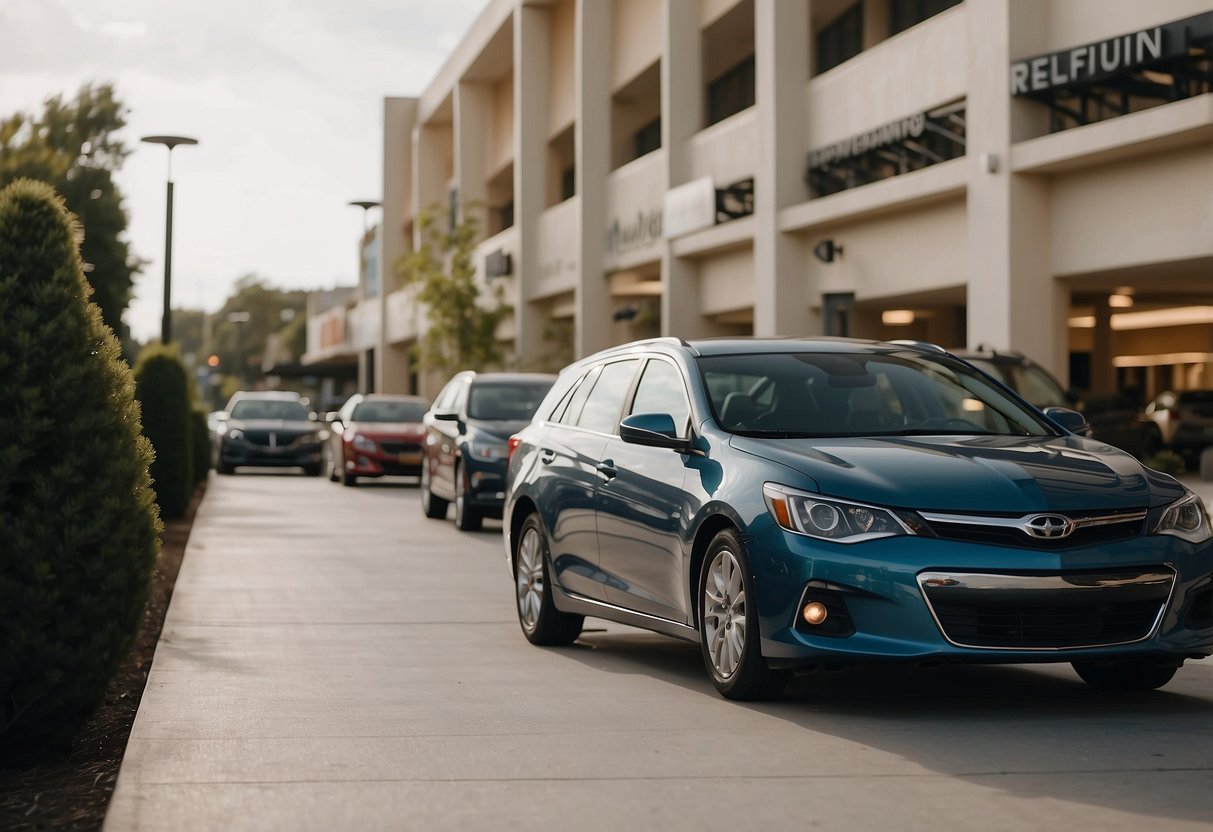 Cars entering a spacious, well-lit parking lot at a bustling furniture mall. Clear signage displays the affordable hourly and daily rates