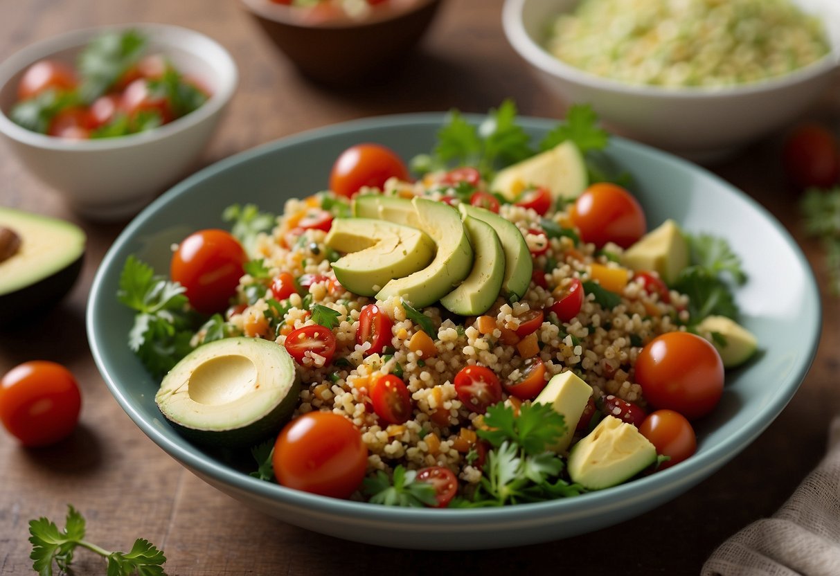 A colorful quinoa salad in a large bowl, mixed with cherry tomatoes and chunks of ripe avocado, surrounded by a picnic spread of other vegetarian dishes