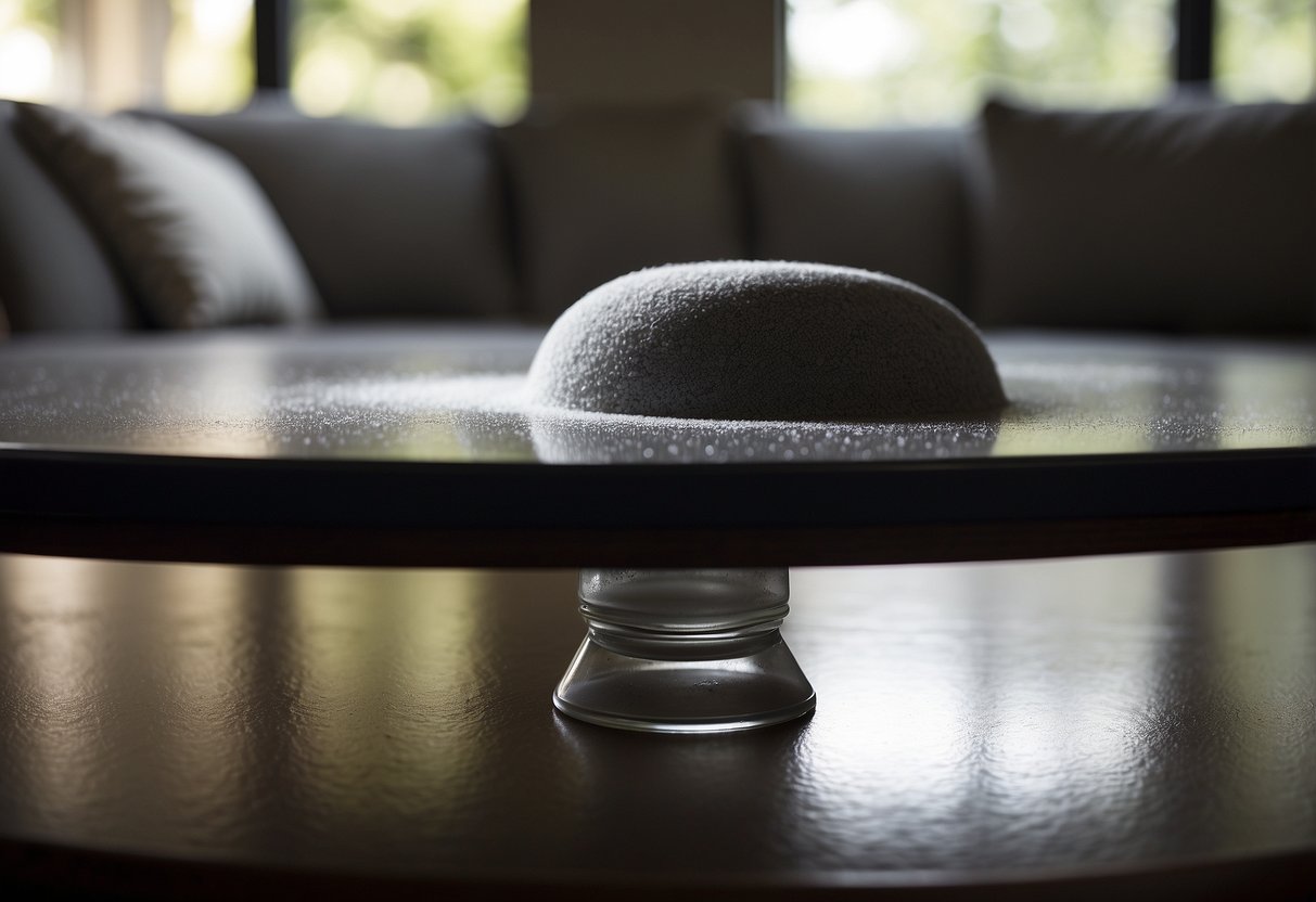 A table covered in dust is transformed as furniture polish is applied, leaving a glossy, clean surface