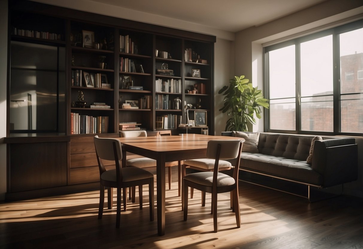 A room with a table, chairs, and a bookshelf against a wall. Light comes in from a window, casting shadows on the furniture