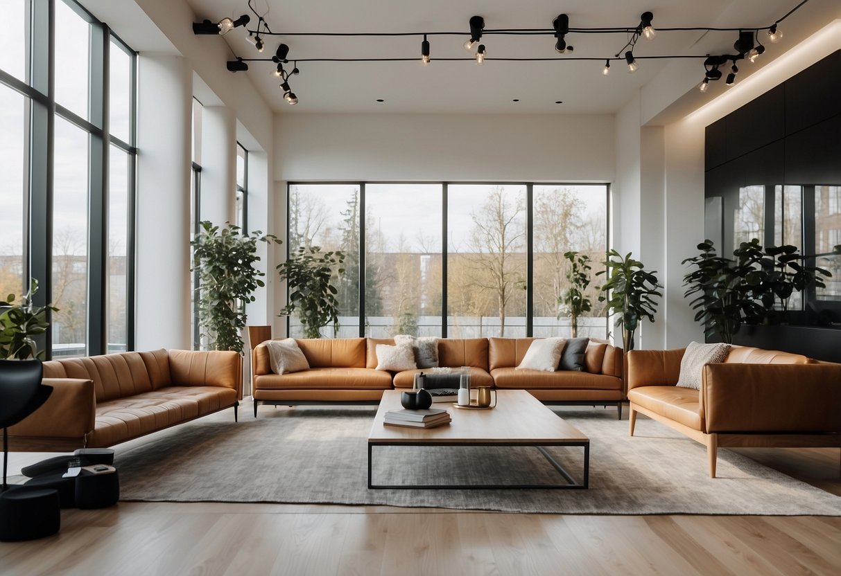 A spacious, modern showroom with sleek furniture displays and clean lines. Natural light floods the space, highlighting the elegant designs and minimalist aesthetic