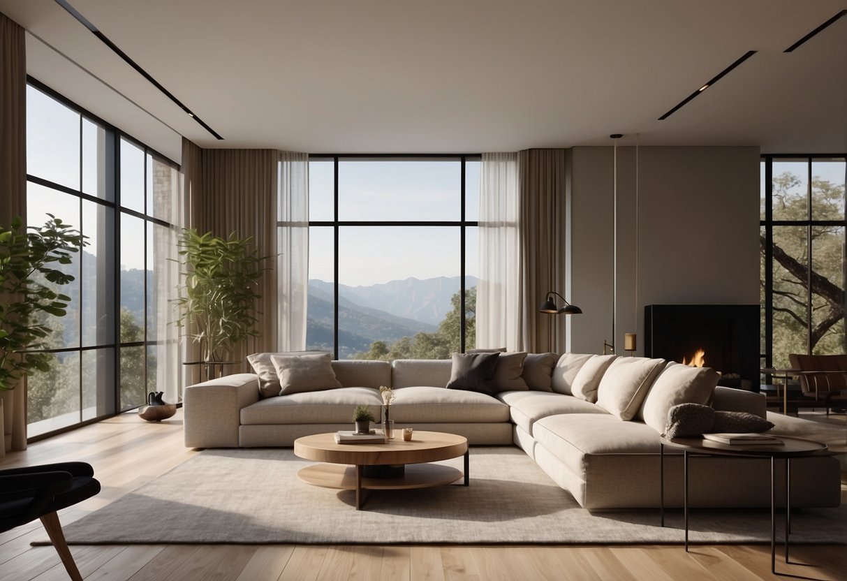 A modern living room with sleek artform furniture, featuring clean lines and minimalist design. A large window lets in natural light, casting a warm glow over the space