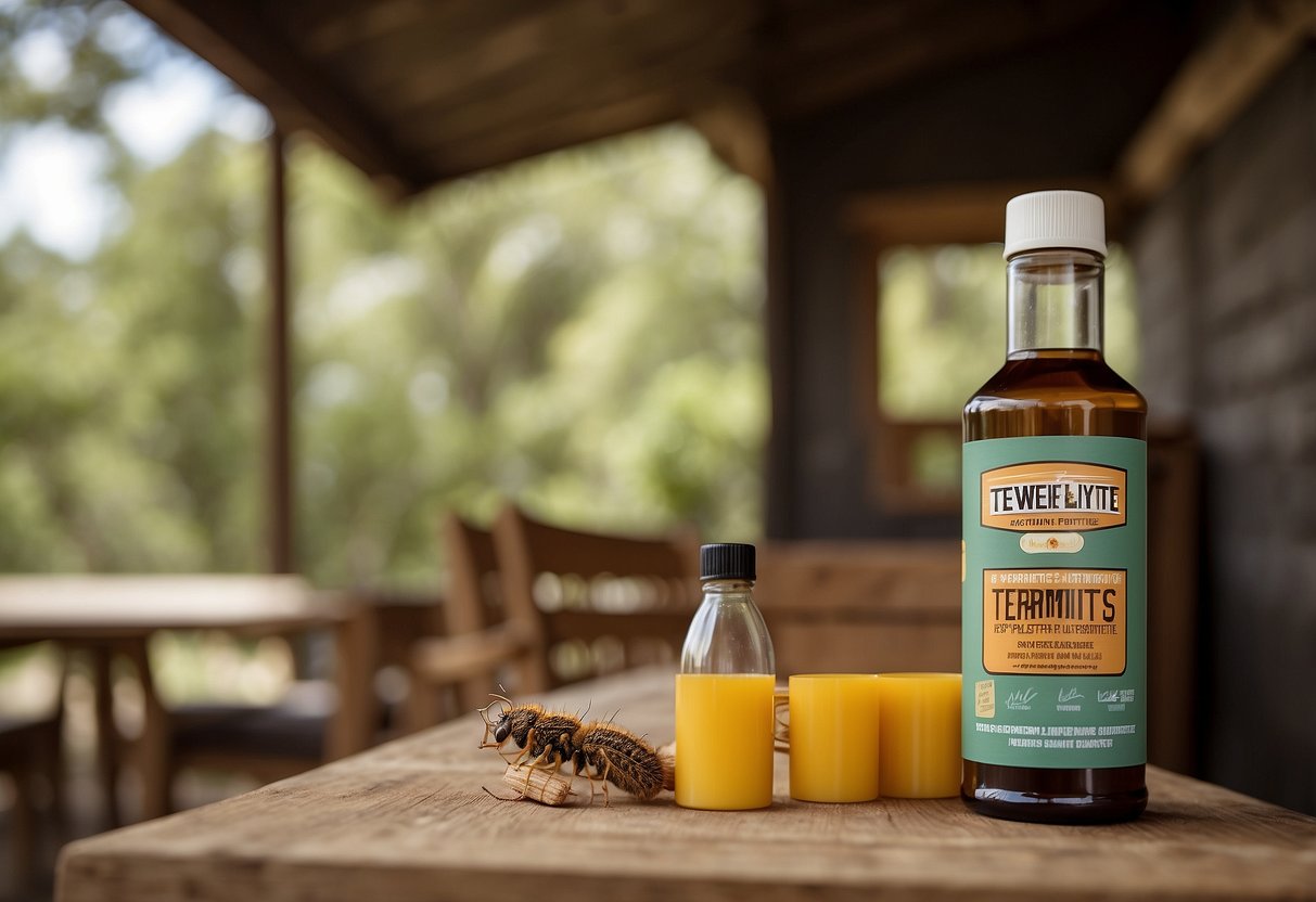 Wood furniture surrounded by a protective barrier, with a sign reading "Termites Keep Out" and a bottle of termite repellent nearby