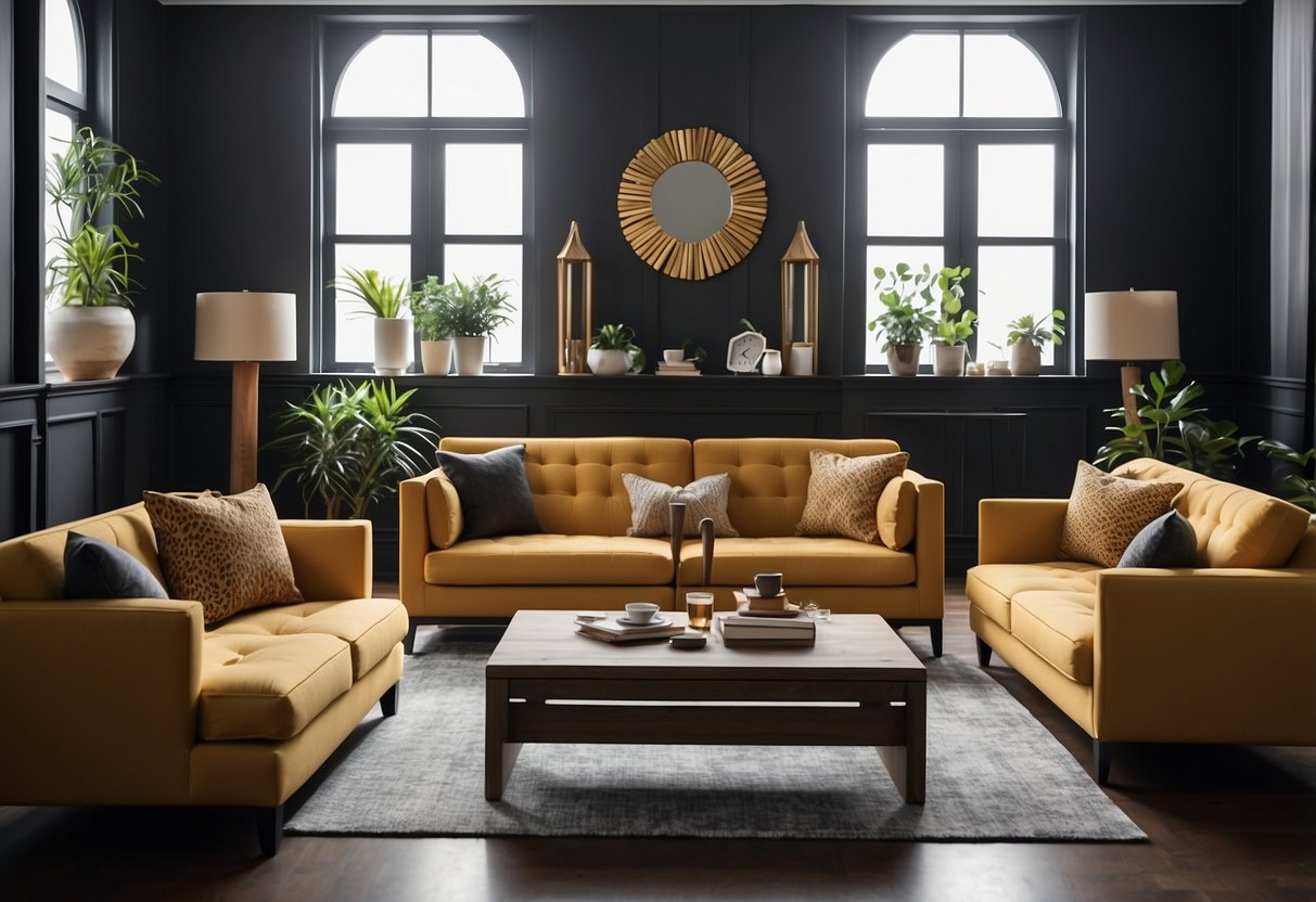 A room with various furniture pieces arranged in a symmetrical and organized manner, showcasing different profiles and shapes
