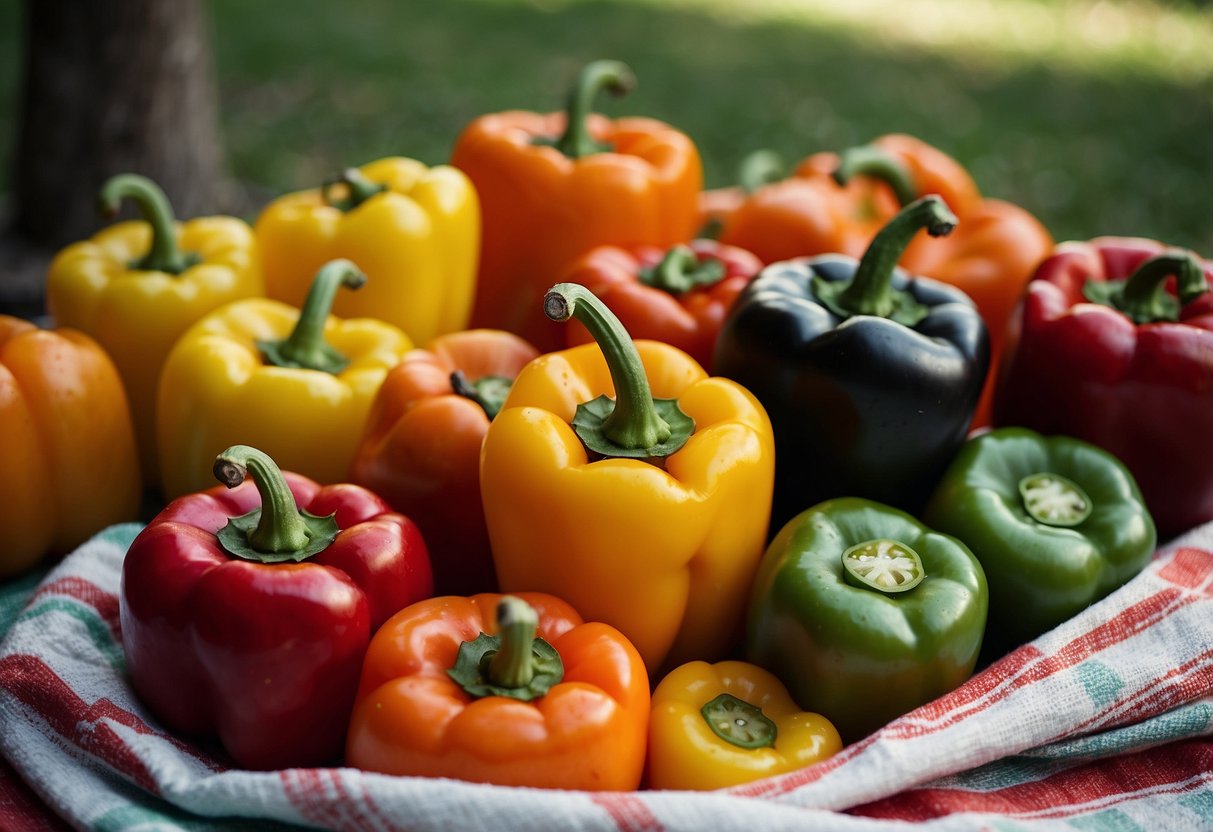 A colorful array of bell peppers stuffed with rice and black beans, arranged on a picnic blanket with a spread of other vegetarian dishes