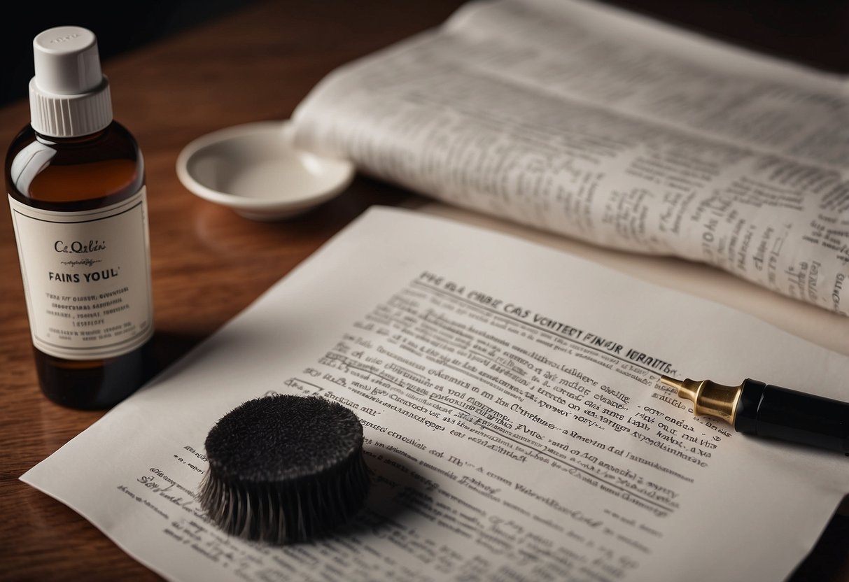 A table with a bottle of furniture polish, a cloth, and a list of FAQs on a paper