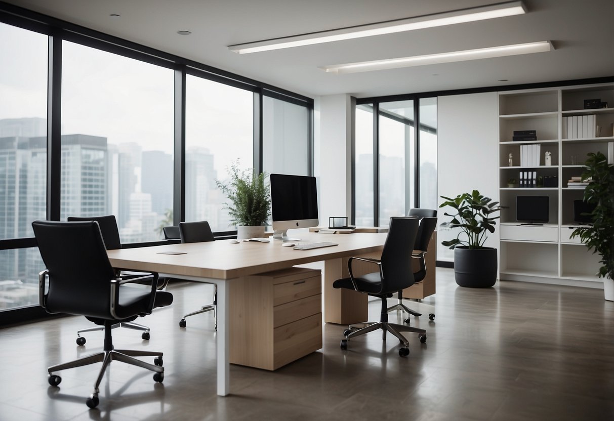 A modern office with sleek, minimalist furniture. Clean lines and neutral colors create a professional and sophisticated atmosphere