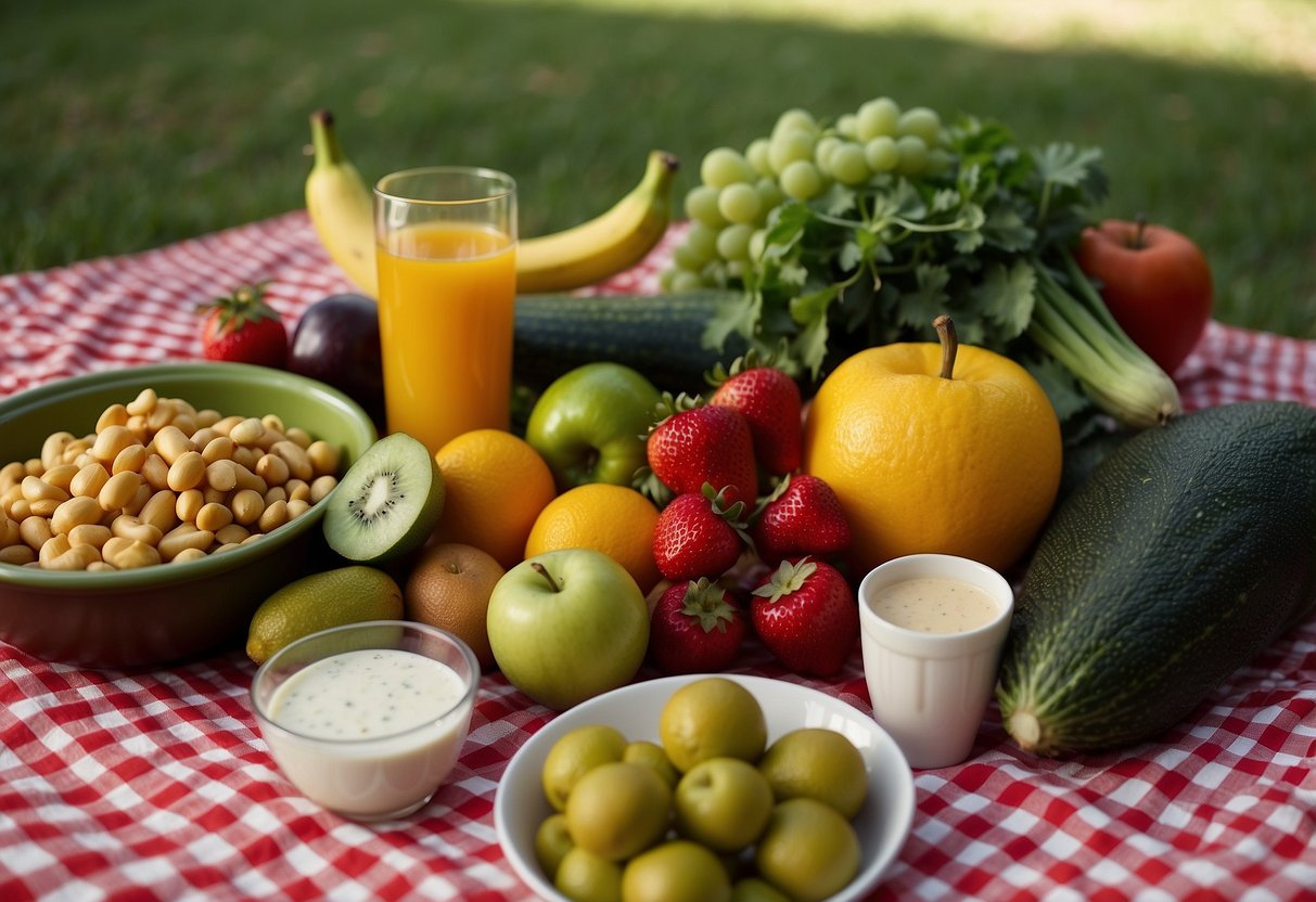 A spread of colorful, fresh fruits and vegetables arranged on a checkered picnic blanket, surrounded by a variety of vegetarian dishes and refreshing drinks