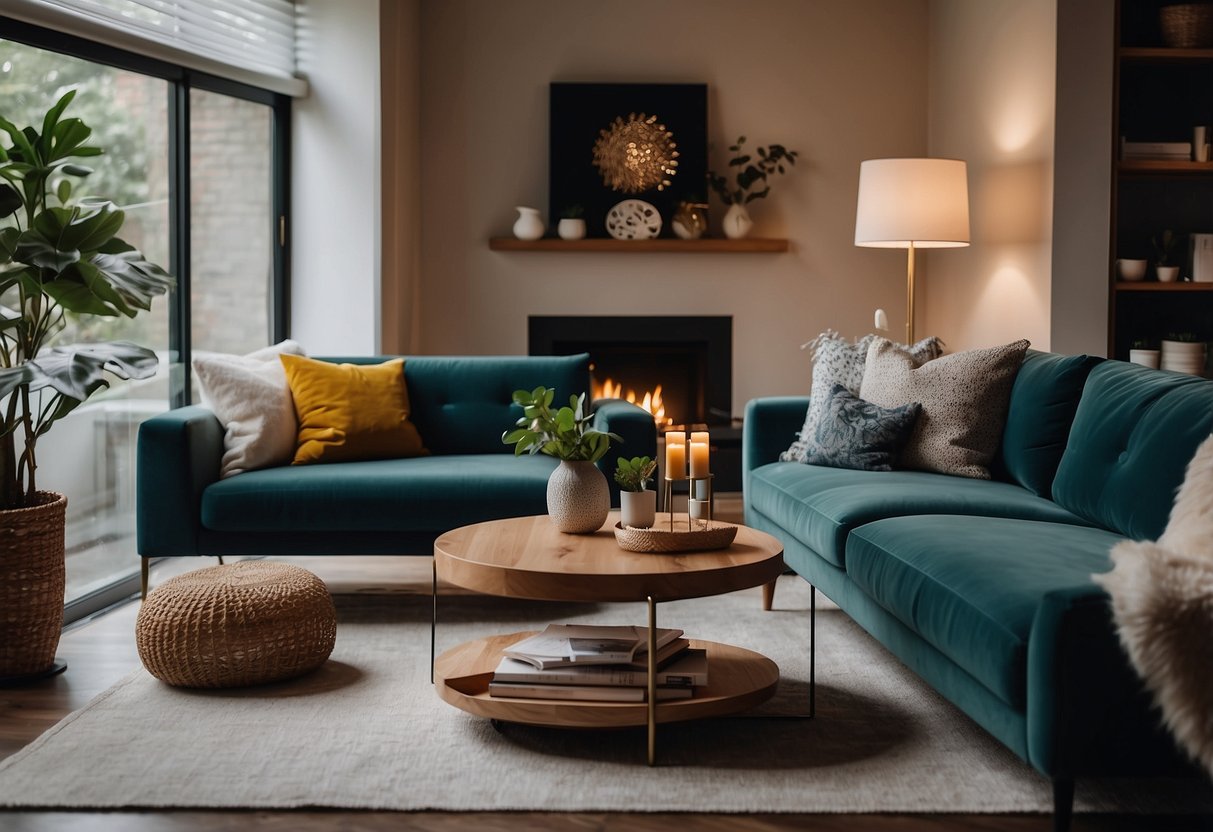 A modern living room with sleek furniture, soft lighting, and vibrant decor. A cozy yet sophisticated atmosphere invites customers to explore and envision the pieces in their own homes