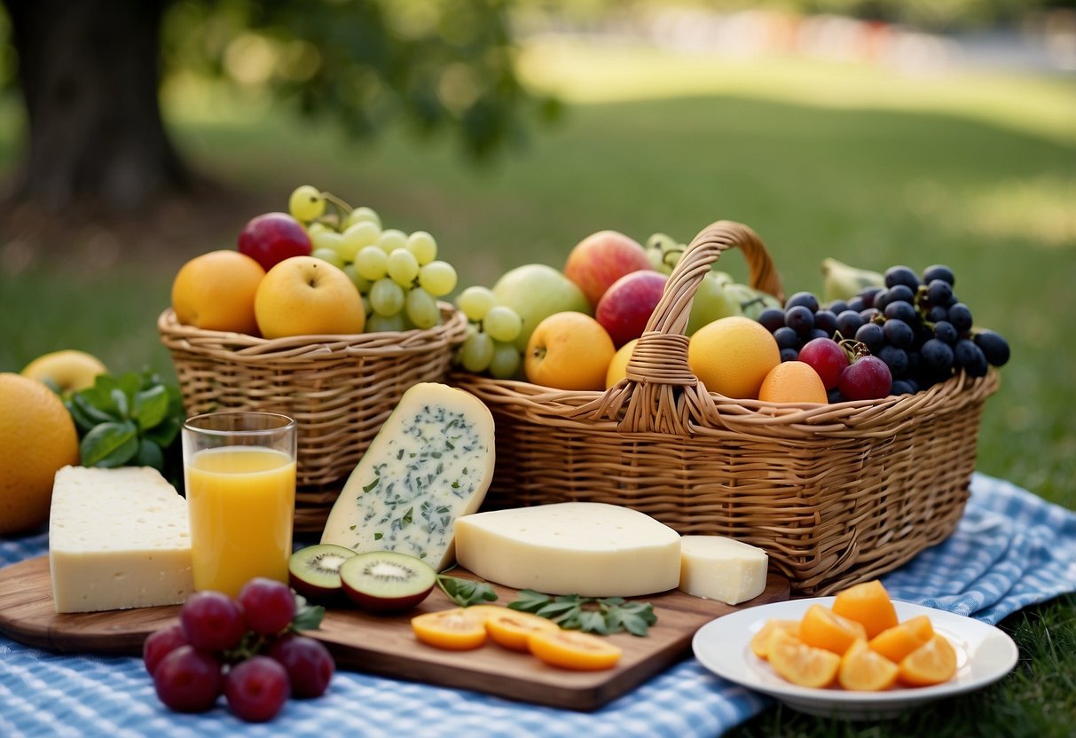 A picnic blanket spread with colorful fruits, vegetables, and cheeses, surrounded by a variety of recipe books and a wicker basket filled with fresh produce