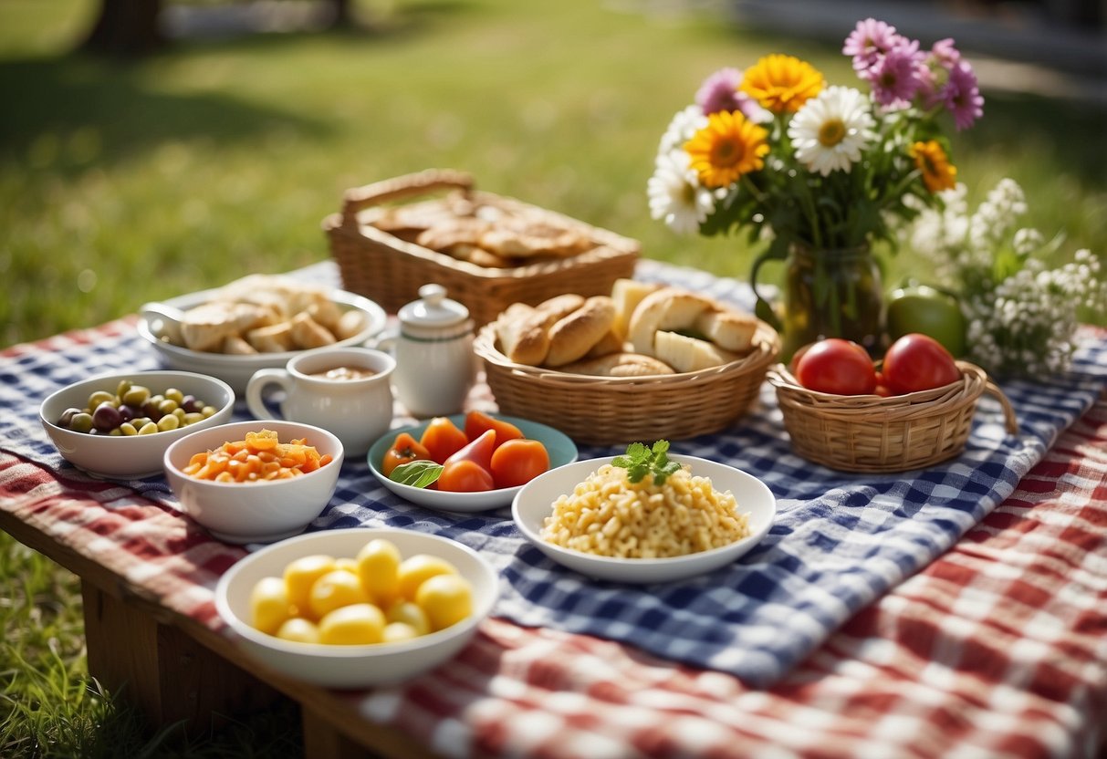 A colorful spread of vegetarian dishes arranged on a checkered picnic blanket, surrounded by a basket, flowers, and a sunny outdoor setting