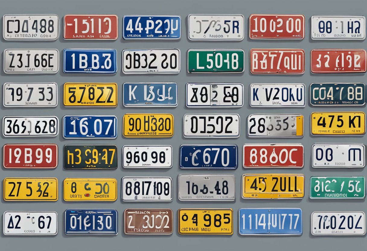 A row of German car license plates lined up on a wall, each displaying unique alphanumeric combinations