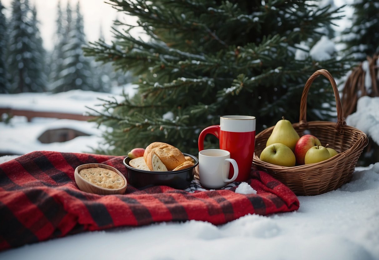 A snowy landscape with a red checkered blanket spread out on the ground, surrounded by evergreen trees. A thermos and steaming mugs sit on the blanket, next to a basket filled with winter fruits and snacks