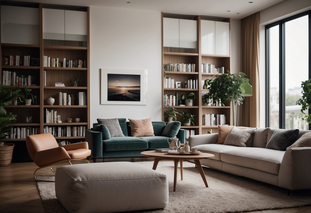 A modern living room with sleek furniture and clean lines. A large bookshelf against the wall and a comfortable sofa in the center