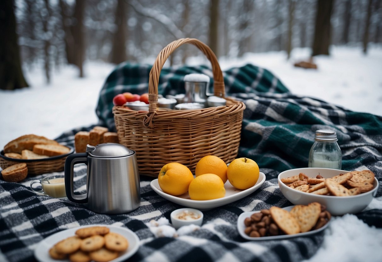 A snowy picnic scene with a checkered blanket spread on the ground, surrounded by thermos, hot drinks, and a basket of winter snacks