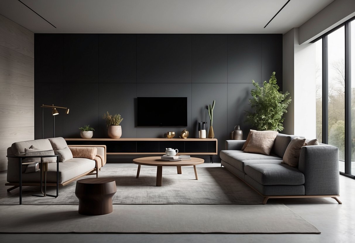 A modern living room with sleek, minimalist furniture pieces that serve both as functional items and artistic statements. The clean lines and unique designs of the furniture create a visually appealing and functional space