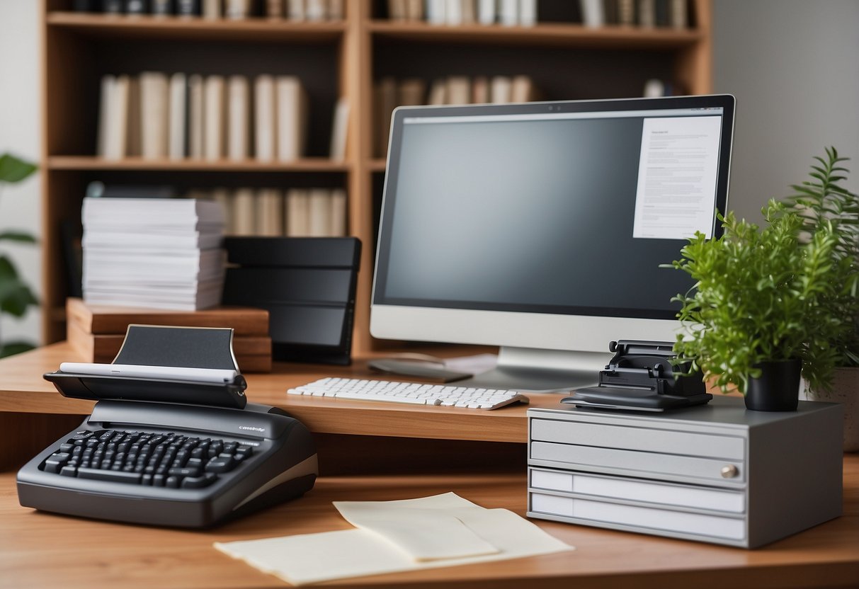 A modern office desk with a computer, chair, and file cabinet. A stack of papers and a pen are on the desk. Shelves with books and a potted plant in the background