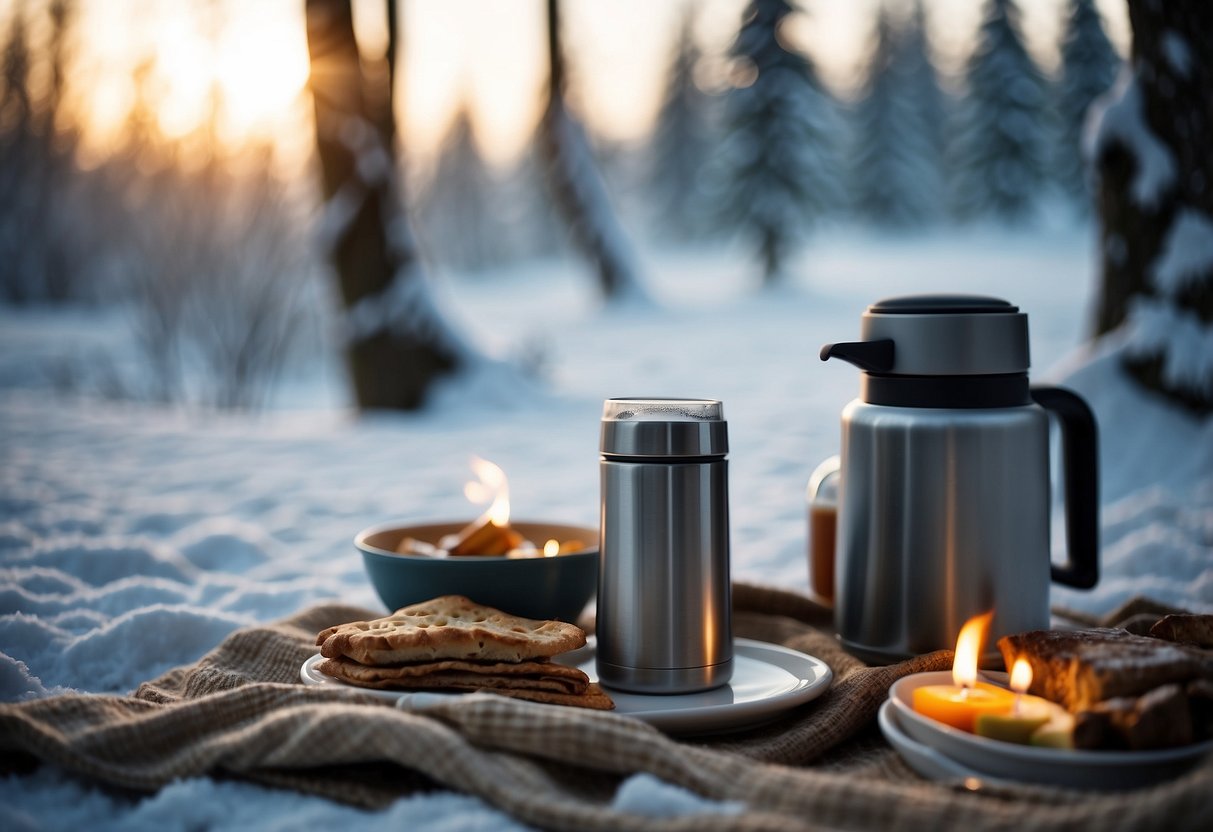 A snowy picnic scene with a thermos surrounded by steaming hot beverages, nestled next to a cozy blanket and surrounded by winter scenery