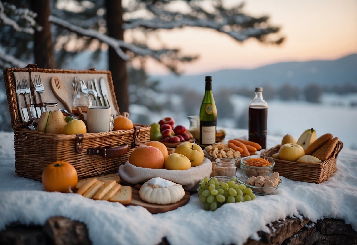 A snowy landscape with a cozy picnic blanket laid out, surrounded by a variety of winter-friendly foods and drinks inside an insulated picnic basket