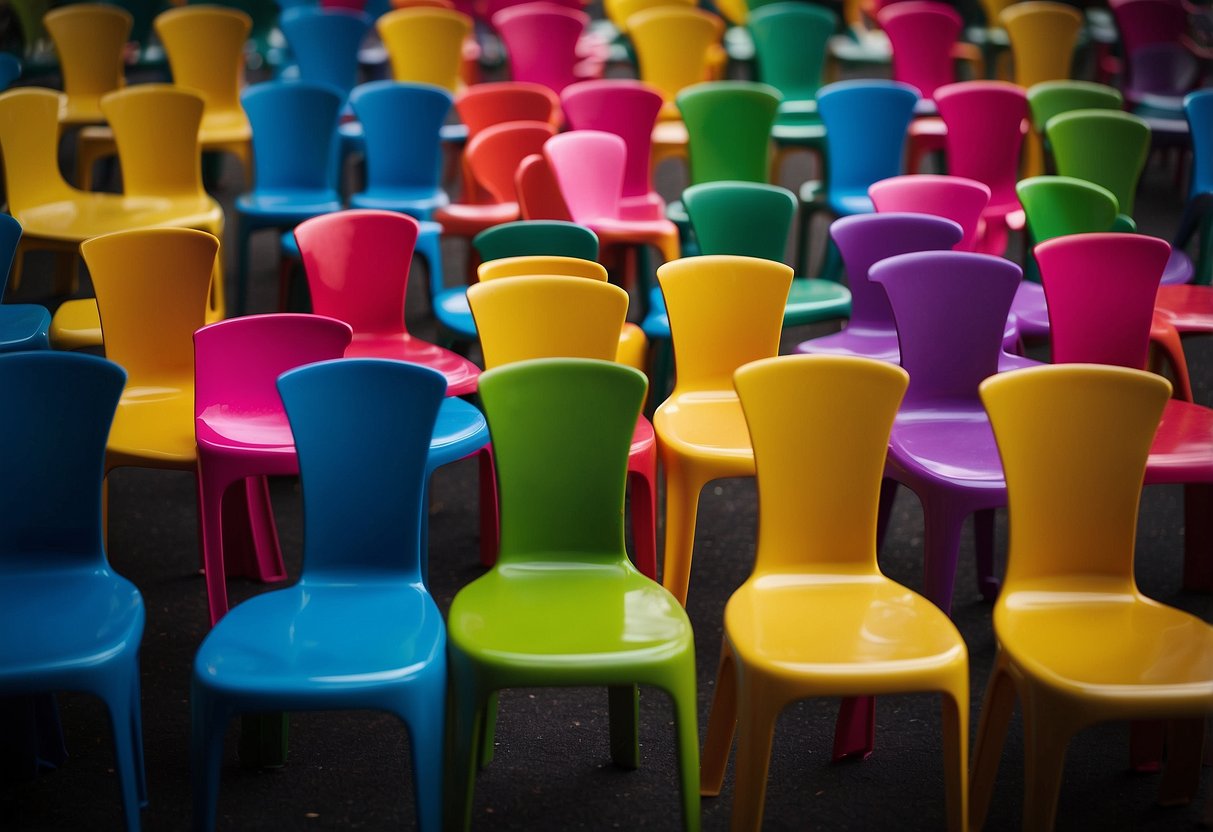 A stack of colorful chairs and tables surrounded by floating question marks