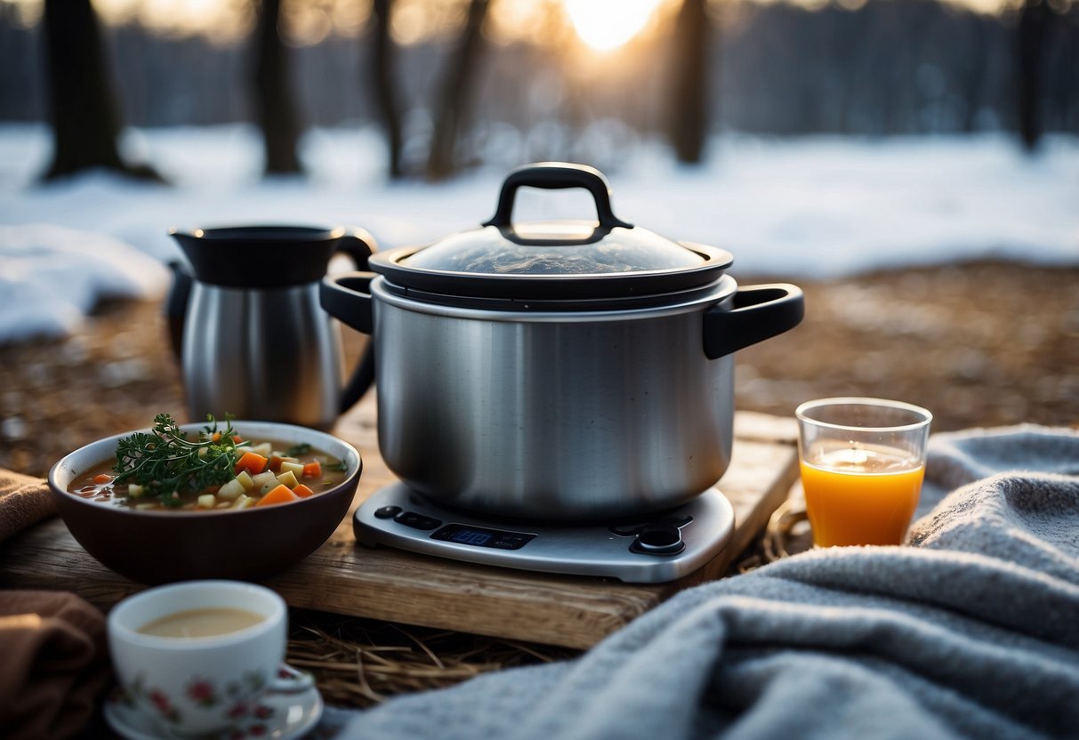 A steaming pot of hearty soup sits on a rustic picnic blanket surrounded by thermoses, warm blankets, and a snowy winter landscape