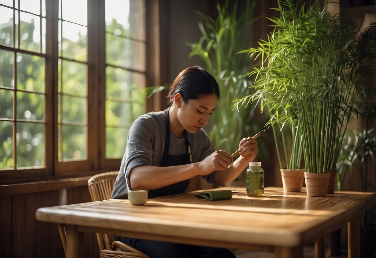 A person painting bamboo furniture with a brush and can of varnish on a wooden table surrounded by bamboo plants and a window with natural light streaming in