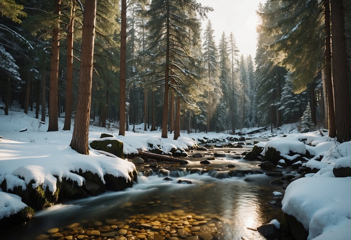 A snowy clearing in a pine forest, with a small stream running through it. A cozy picnic blanket is spread out on the ground, surrounded by evergreen trees and a few snow-covered rocks