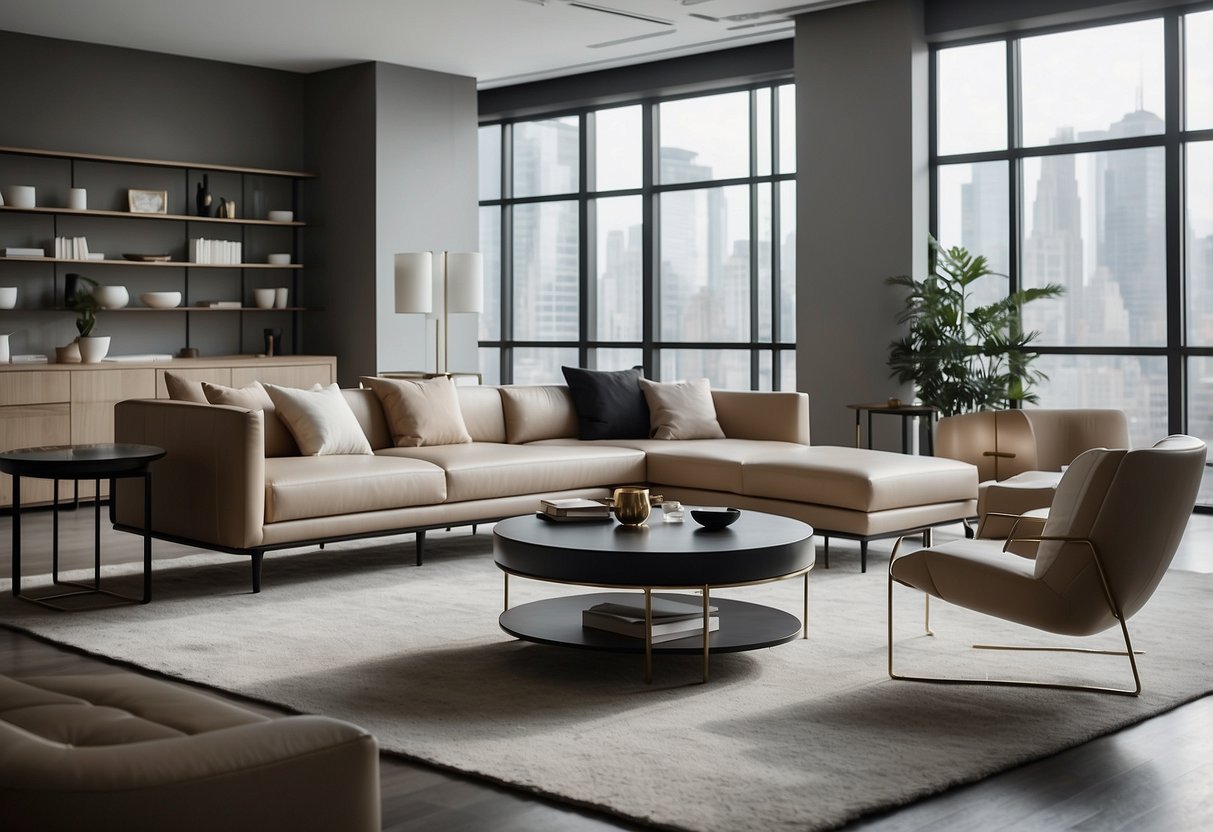 A spacious showroom filled with modern, sleek furniture. Clean lines and neutral colors dominate the space, creating a minimalist and elegant atmosphere
