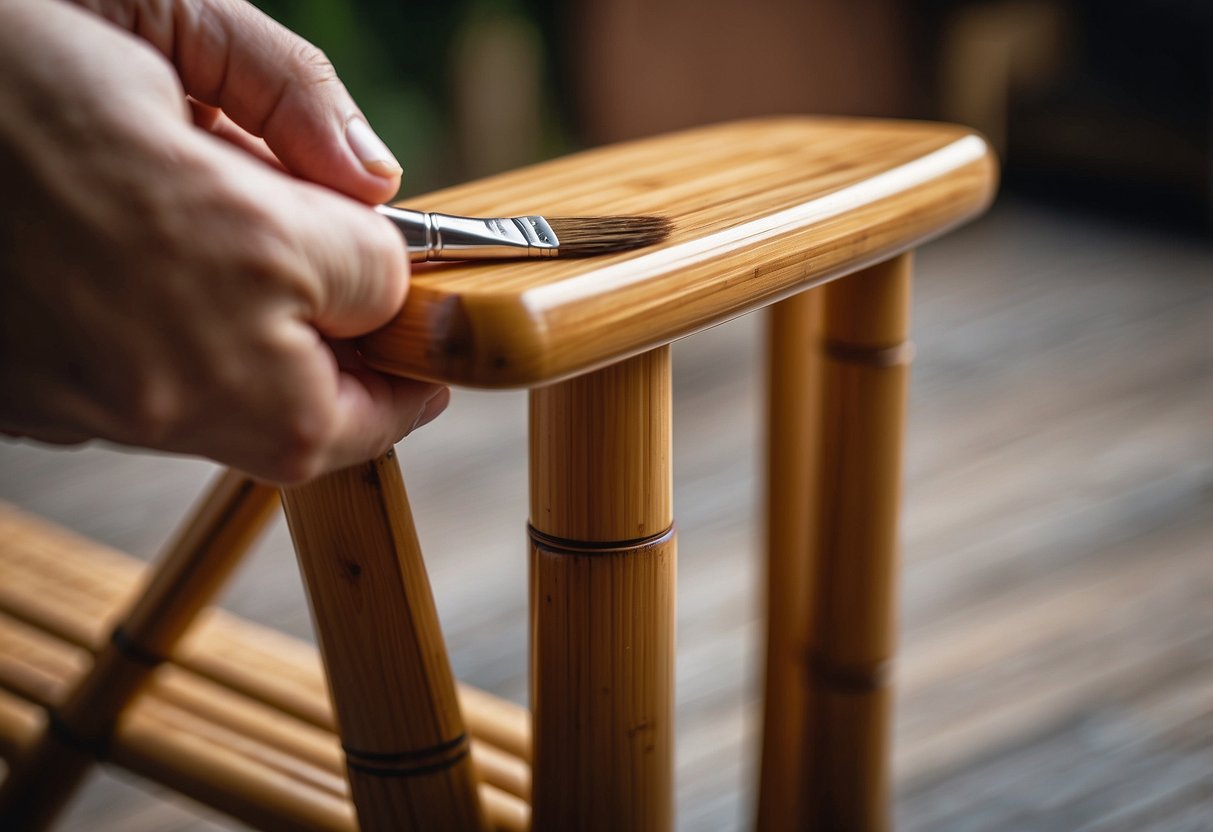 A hand holding a paintbrush applies a smooth coat of varnish to a bamboo chair, adding a glossy finish to the natural wood grain