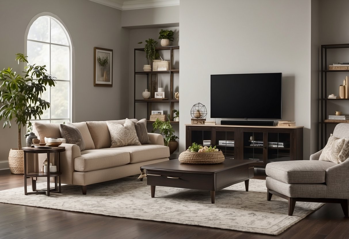 A modern living room with Klaussner furniture, featuring a sleek sofa, a stylish coffee table, and a contemporary entertainment center