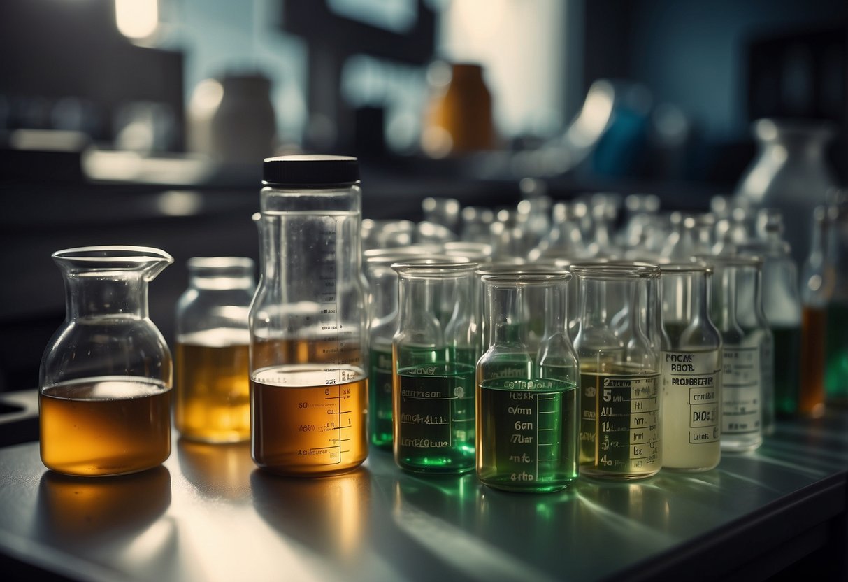 A cluttered lab bench with beakers, test tubes, and scientific equipment