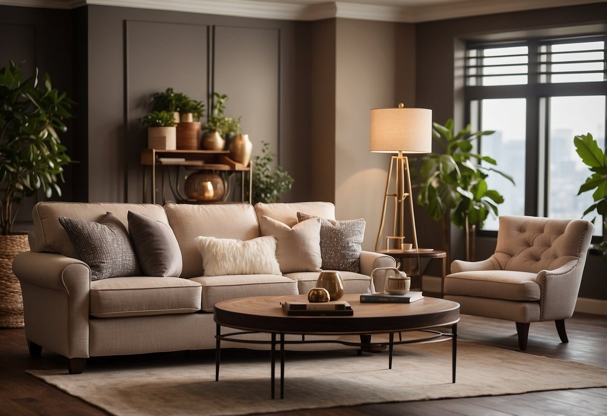 A cozy living room with Klaussner furniture, featuring a plush sofa, elegant coffee table, and stylish armchair, surrounded by warm lighting and decorative accents