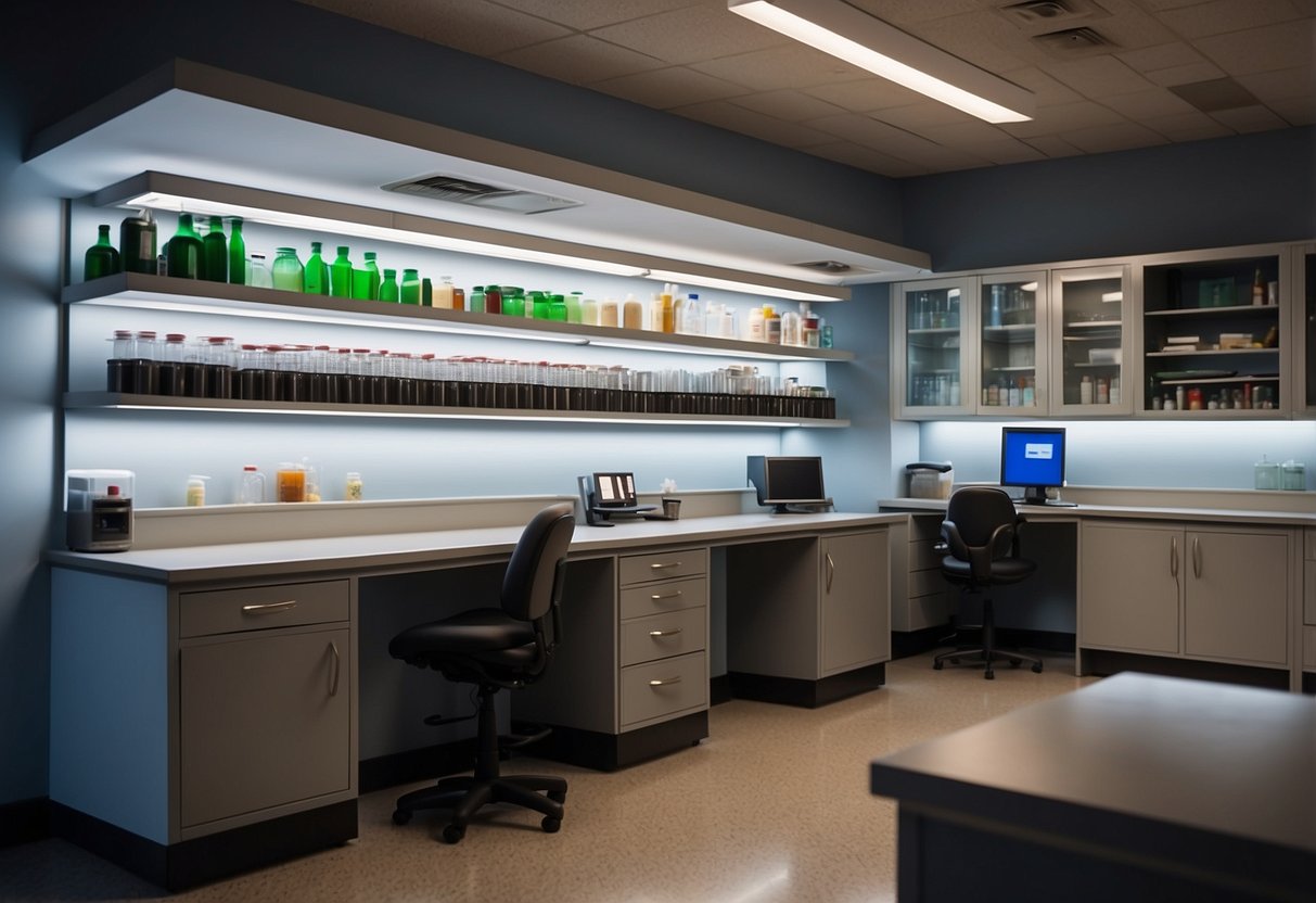 A lab bench with adjustable shelves, storage cabinets, and a durable work surface. Bright overhead lighting and electrical outlets for equipment