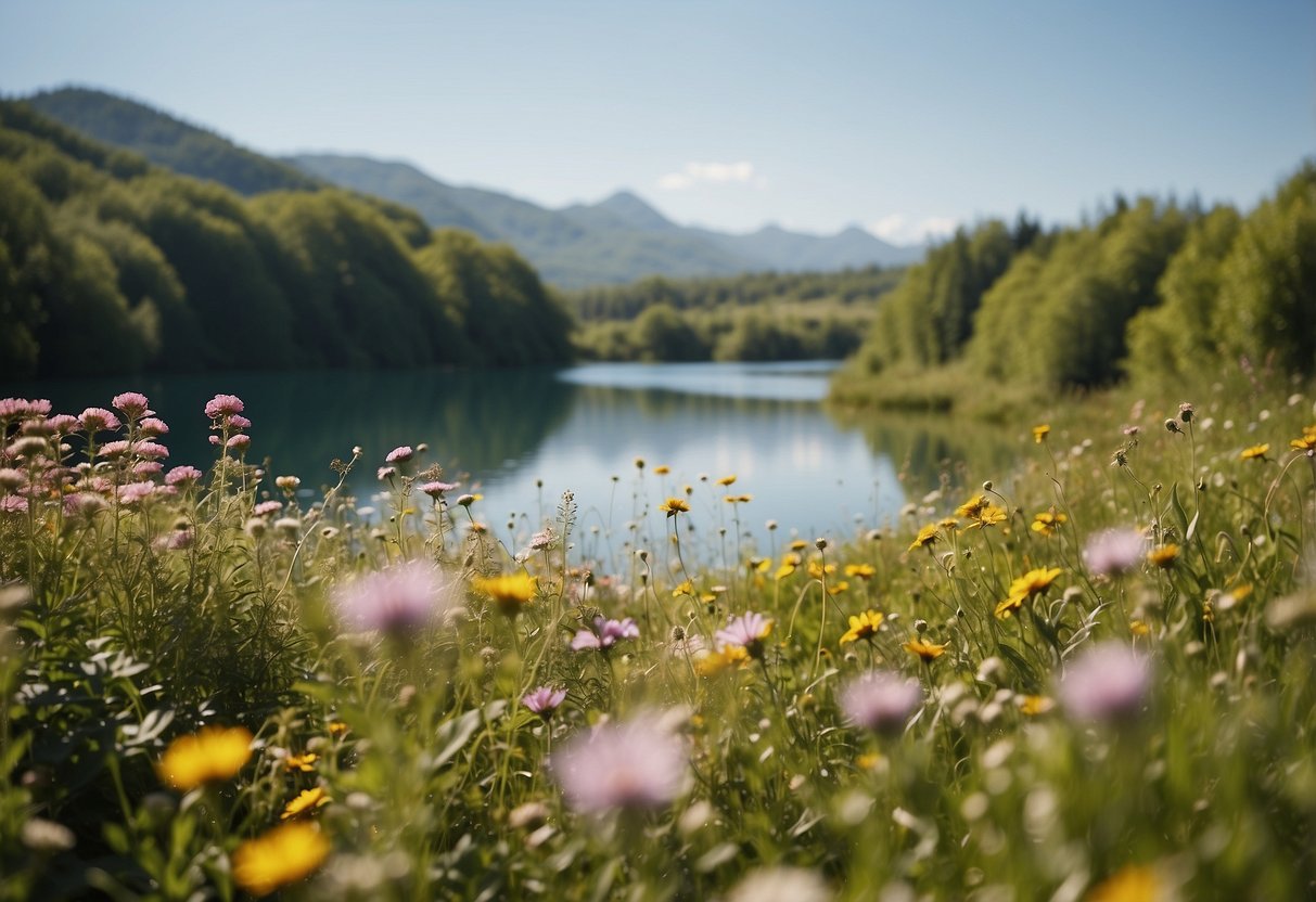 Lush green park with clear blue skies, gentle breeze, and colorful wildflowers. Rolling hills and sparkling lakes in the background