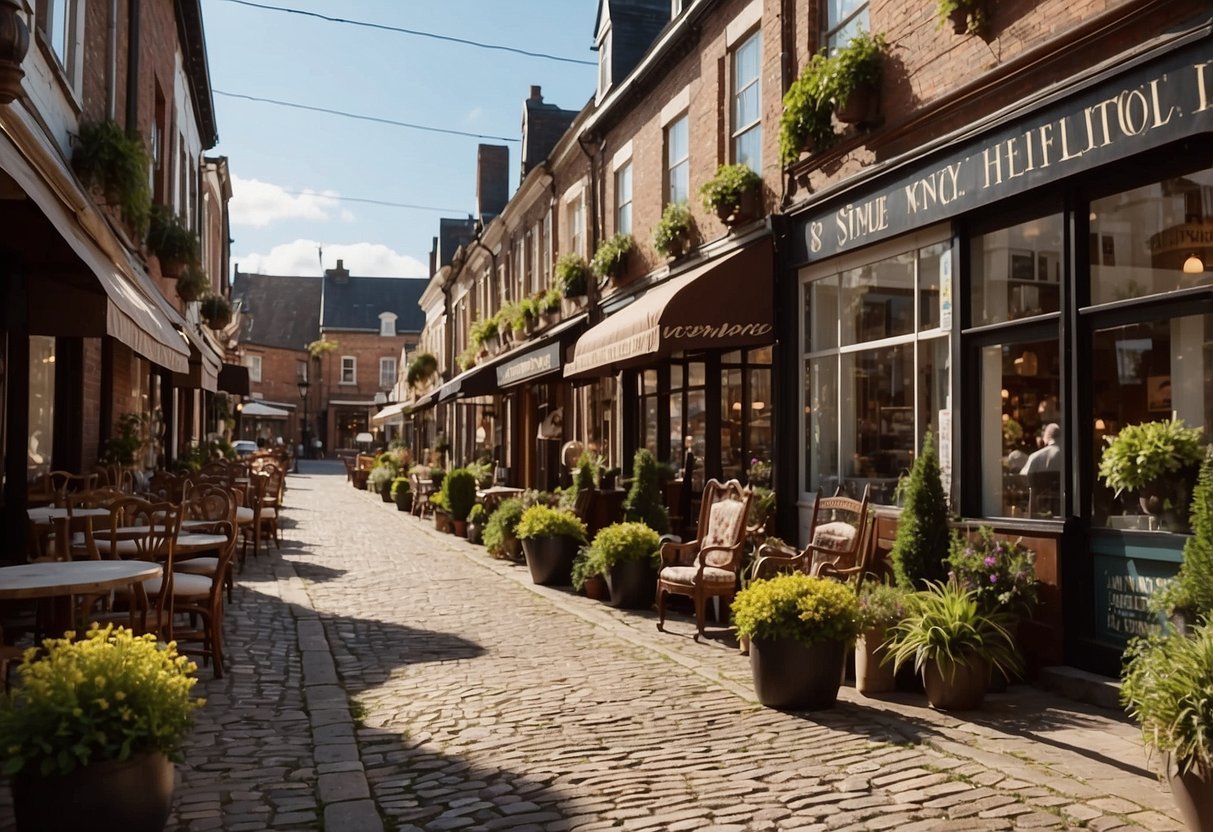 A row of quaint furniture shops line the cobblestone street, each storefront adorned with unique pieces and vibrant displays