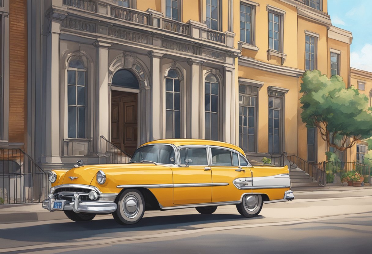 A car with the KU license plate parked in front of a historic building. The plate is prominently displayed on the front of the vehicle