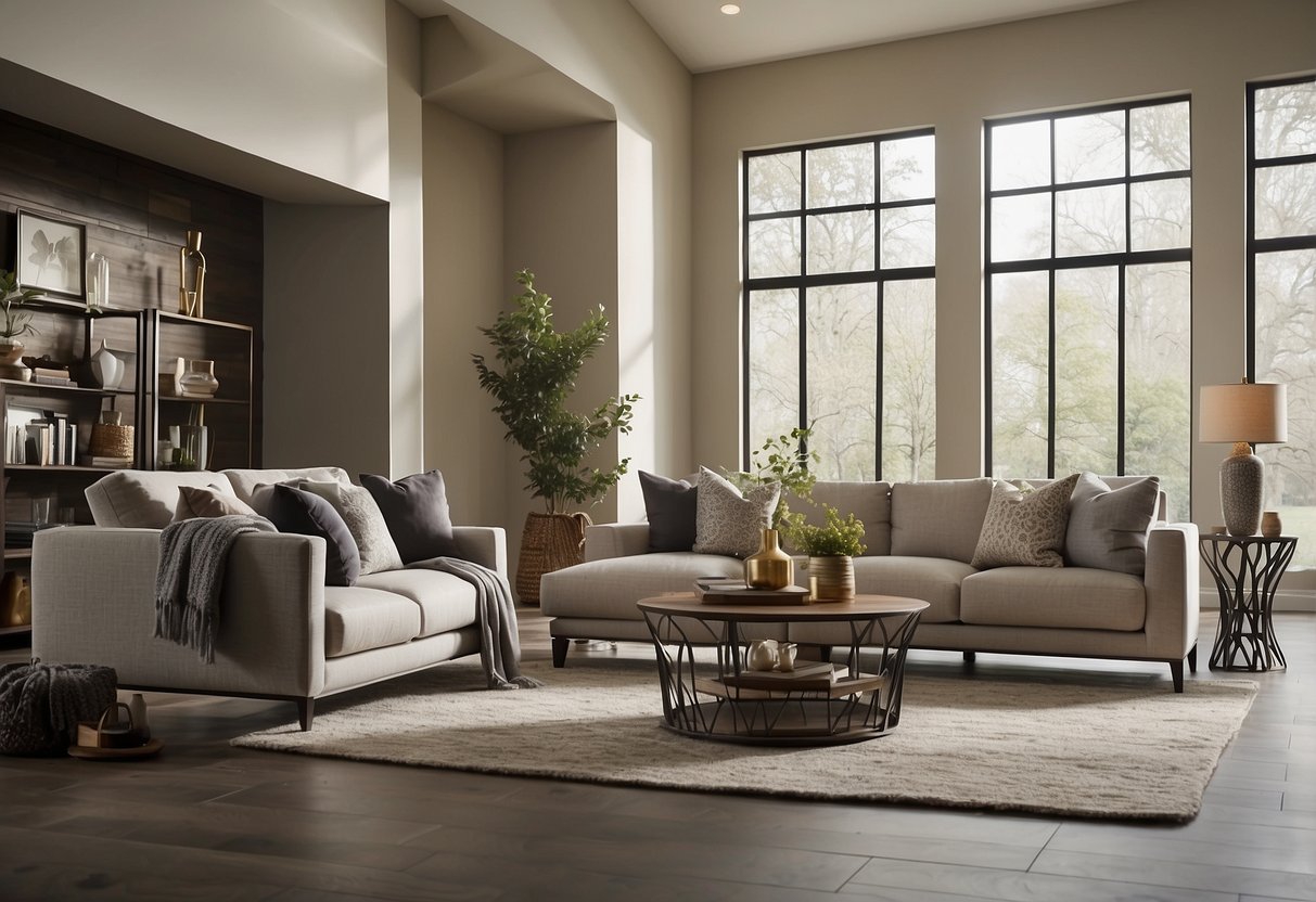 A modern living room with Klaussner furniture, featuring sleek lines and comfortable seating, accented with stylish and functional decor
