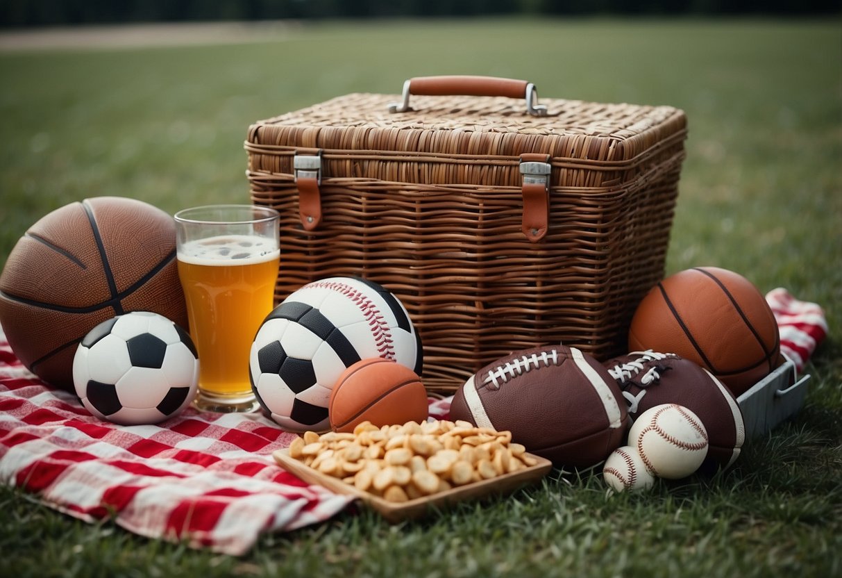 A grassy field with a checkered picnic blanket surrounded by sports equipment such as soccer balls, basketballs, and baseball gloves. A cooler and picnic basket sit nearby, filled with snacks and drinks