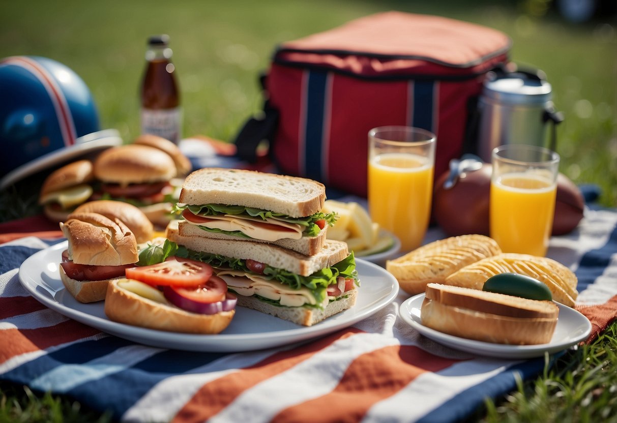 A picnic blanket spread with team-themed sandwiches, surrounded by sports equipment and a cooler