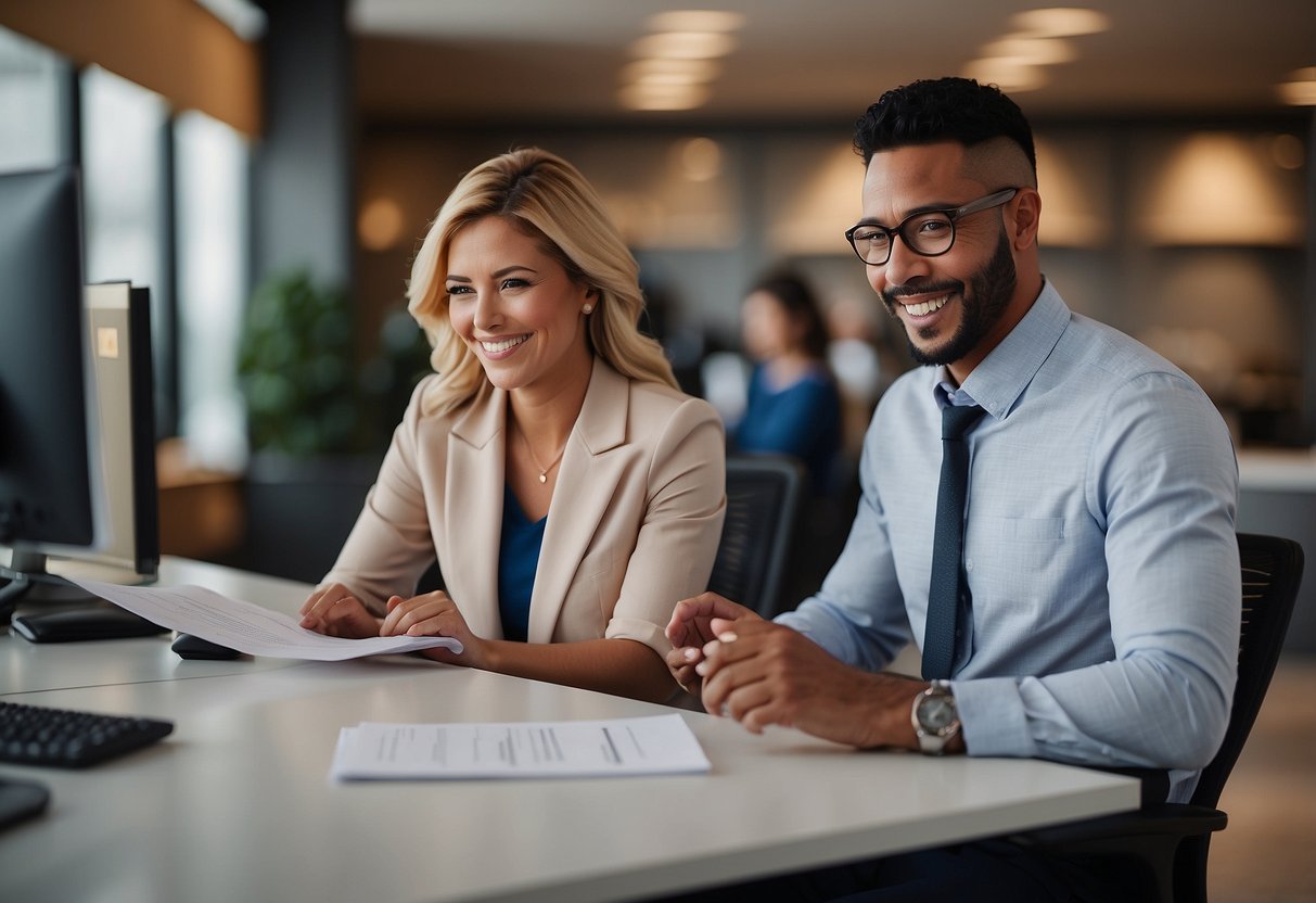 A customer service representative assists a client with a smile, while a policy document is prominently displayed
