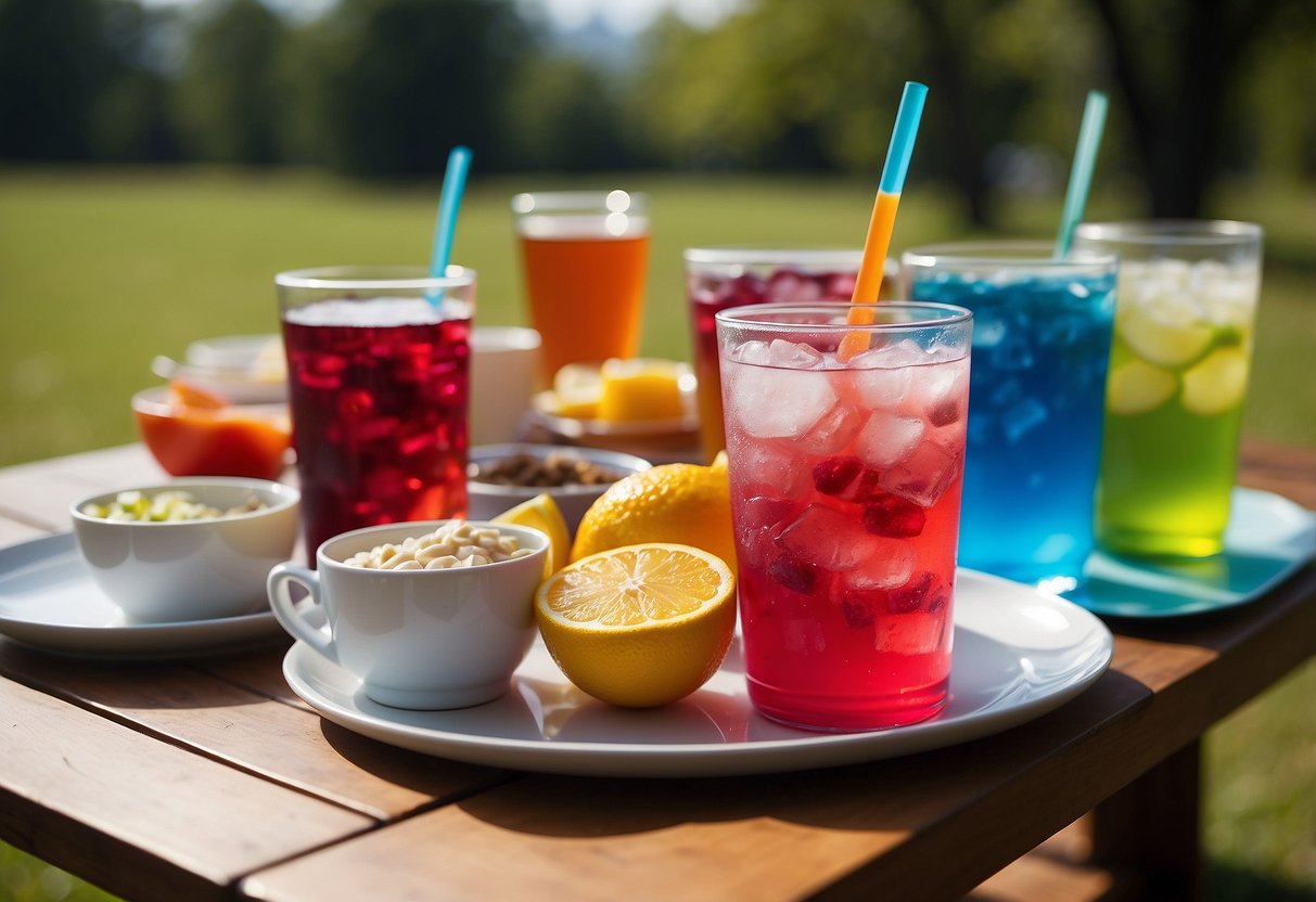 A table with a variety of colorful sports drinks, cups, and ice buckets. Sports equipment and picnic supplies scattered around the area