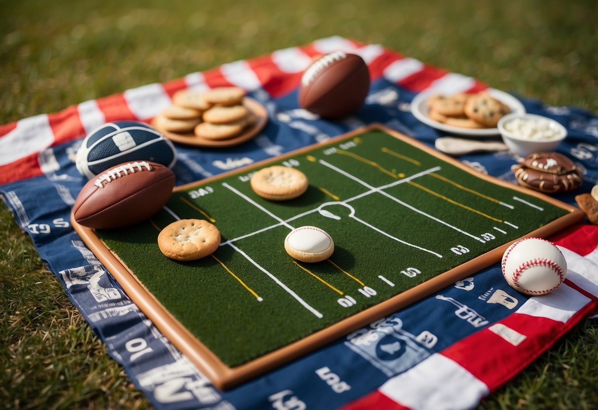 A picnic blanket with sports-themed decorations spread out on the grass, surrounded by a variety of sports equipment and a scoreboard-shaped cookie display