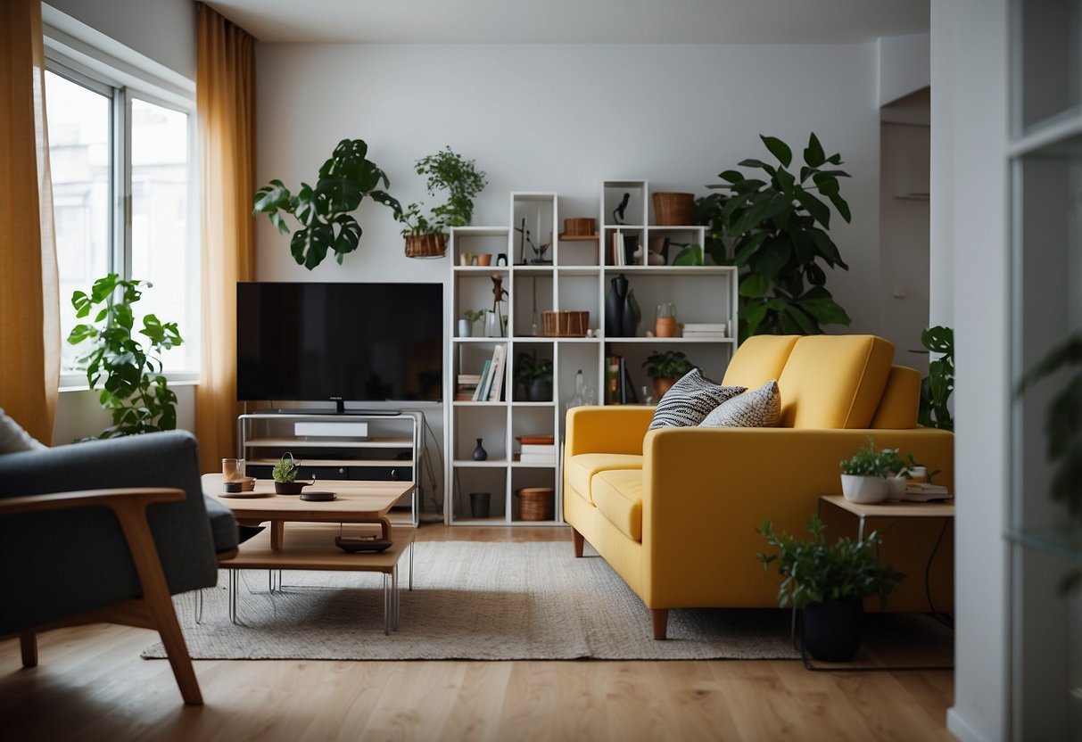 A cluttered living room with ikea furniture arranged in modern style