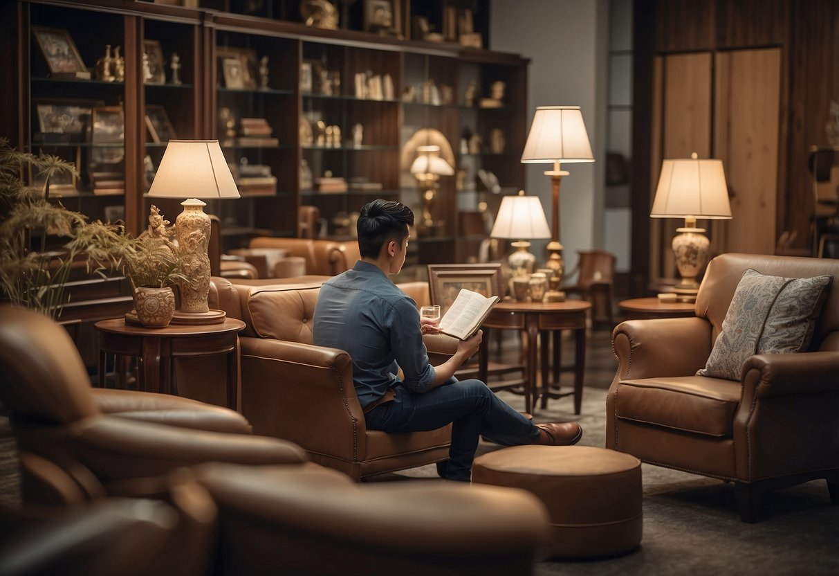 A customer reading a review of Yang Hua furniture, surrounded by various furniture pieces