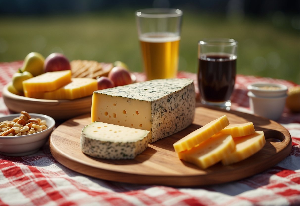 A trophy-shaped cheese platter sits on a picnic blanket with sports-themed decorations and snacks arranged around it